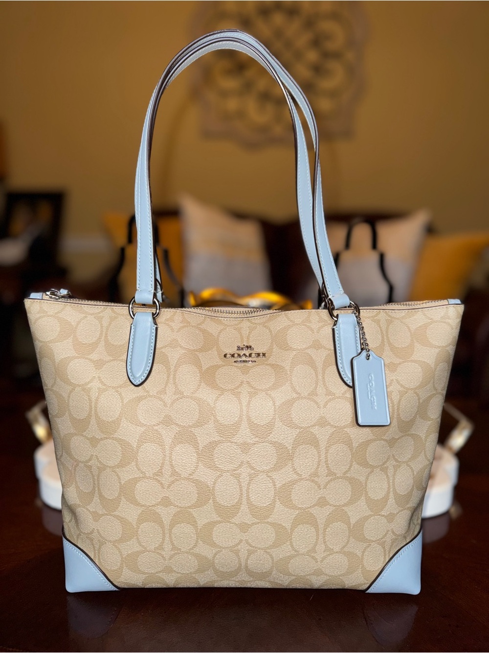 Coach Beige Signature Canvas Tote with Light Blue Leather Trim